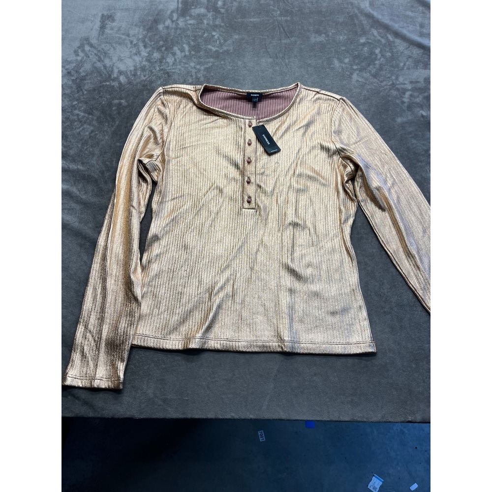 Express Womens Metallic Gold Ribbed Henley Top Long Sleeve Mauve Large NWT